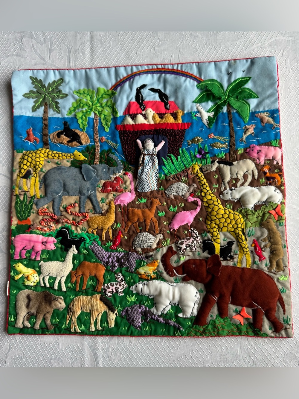 Handmade Noah’s Ark 3D Appliqué Wall Hanging Quilt • Textile Art • 15x15